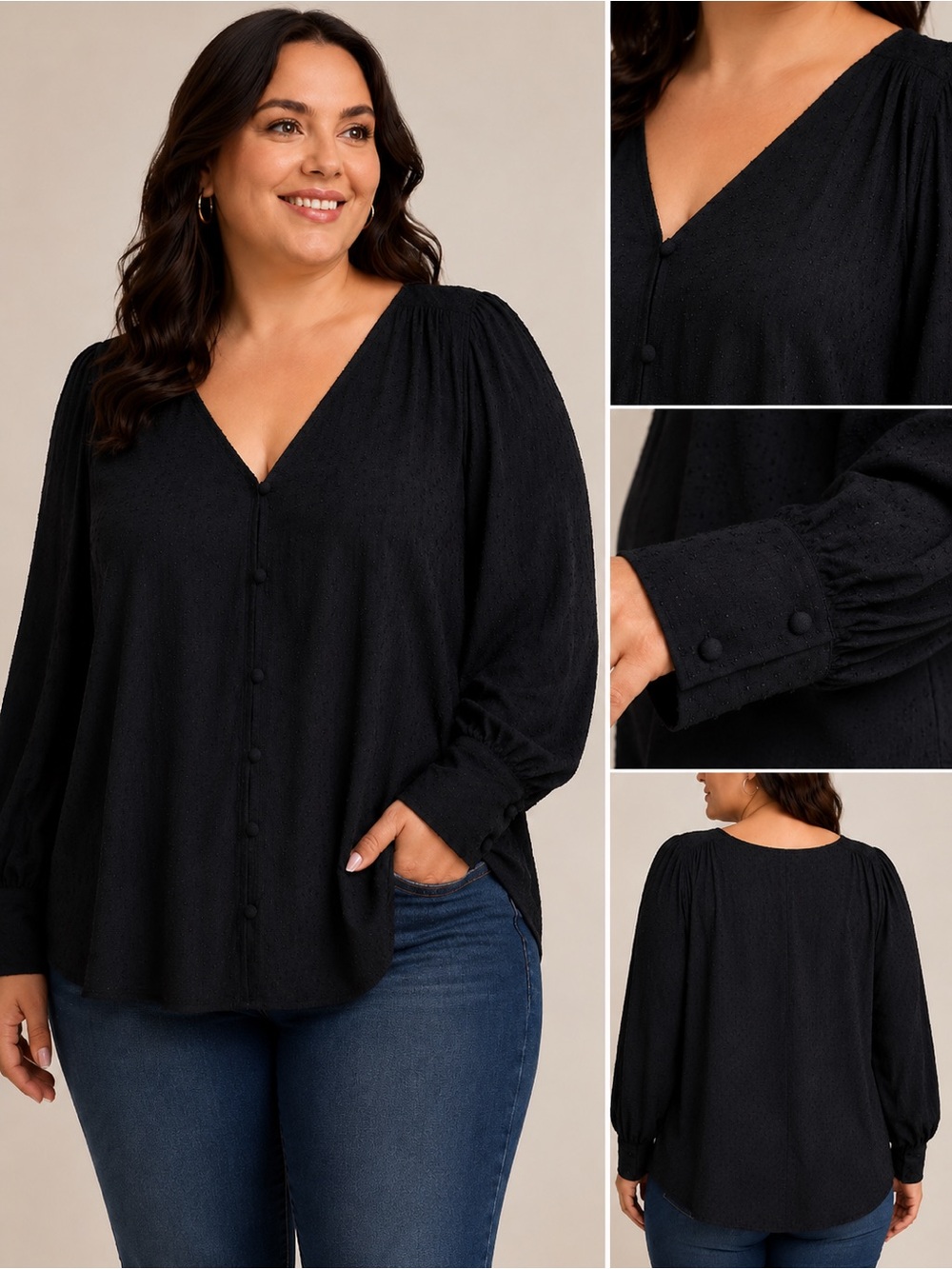 Old Navy XXL Black V-Neck Long Sleeve Button Down Blouse Casual Flowy